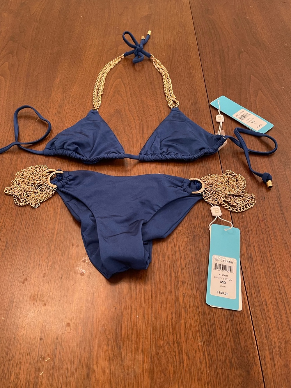 NWT beach bunny bikini Gold Chain Accent Navy Triangle Bikini Set - Women Swim - Picture 2 of 9